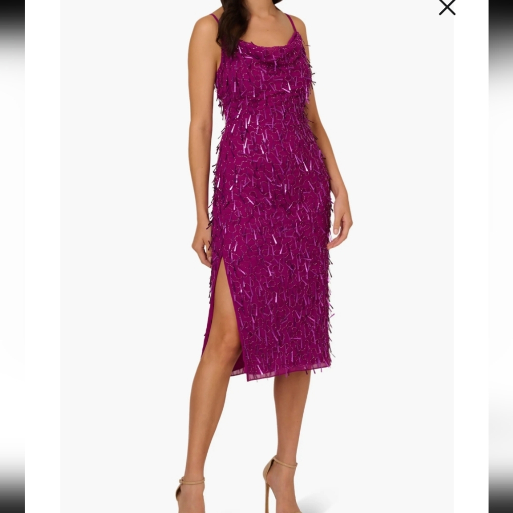 NWT Liv Foster Mixed Bead Cowl Neck Cocktail Midi Dress Size 4 Sparkle Beading